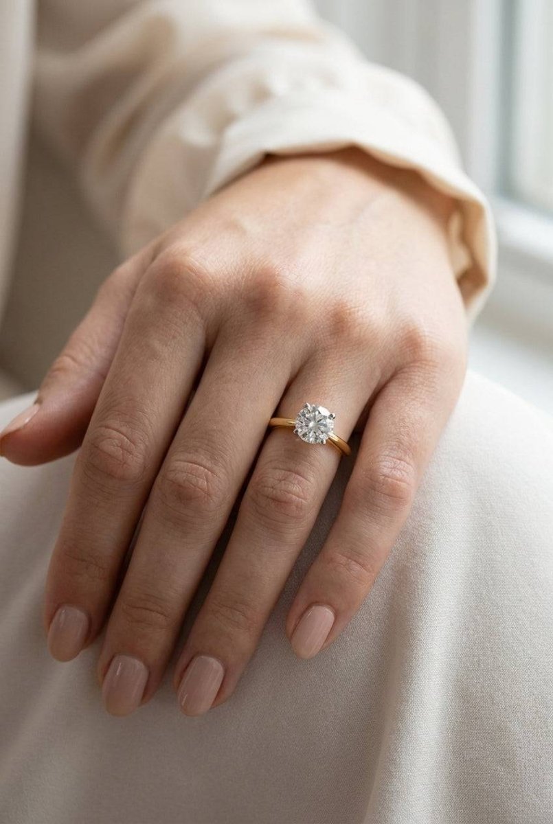 3 carat round lab grown diamond engagement ring - full hand scale