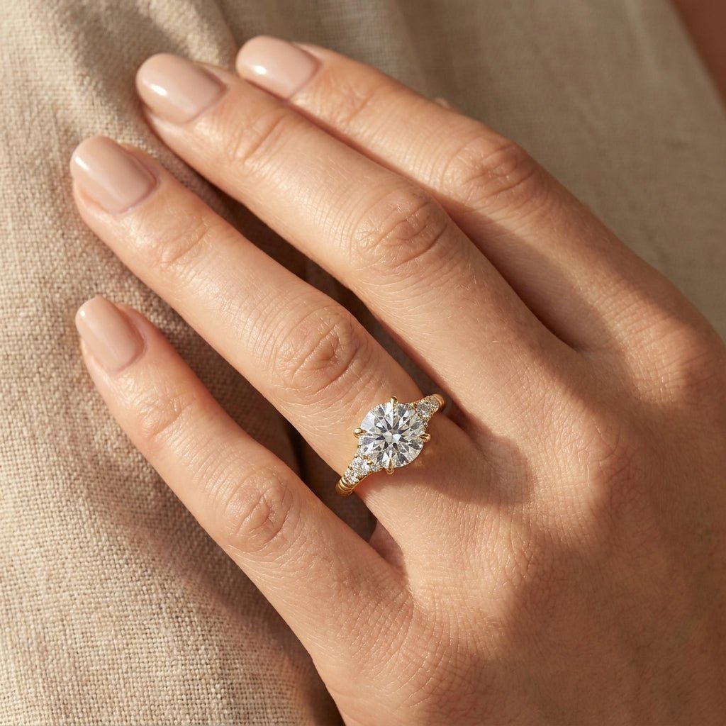 RM12985-300-LD Round solitaire engagement ring hand-model