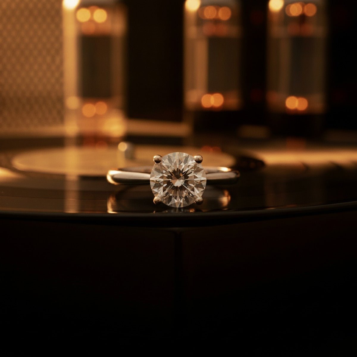 Aydins 3 Carat Round Lab Grown Diamond Engagement Ring | 14K White Gold lifestyle scene, vinyl record amp