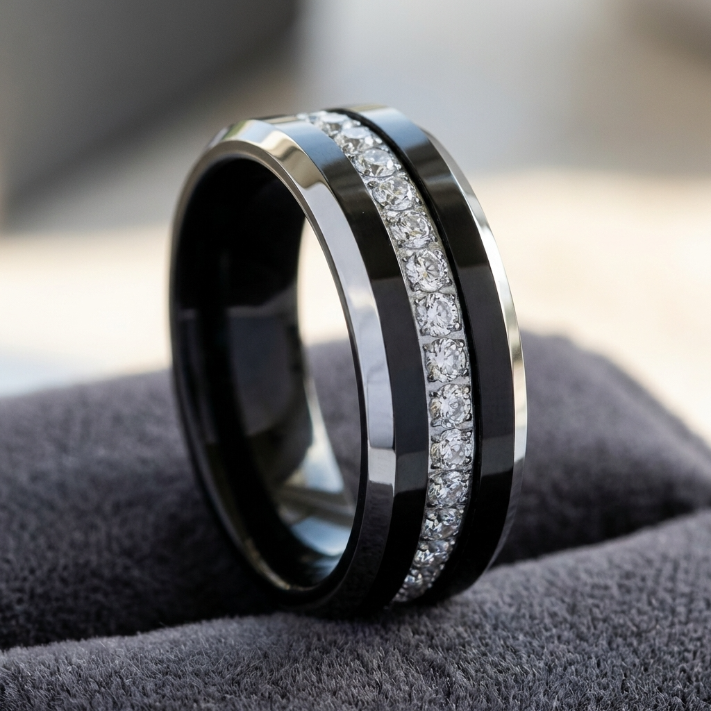 NEMESIS 8mm men's wedding ring, beveled edge detail in polished black tungsten