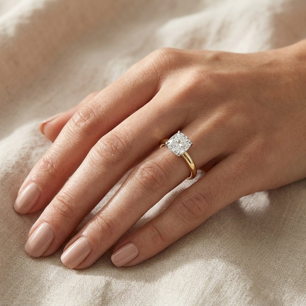 RM12843-350C Cushion solitaire engagement ring hand-model