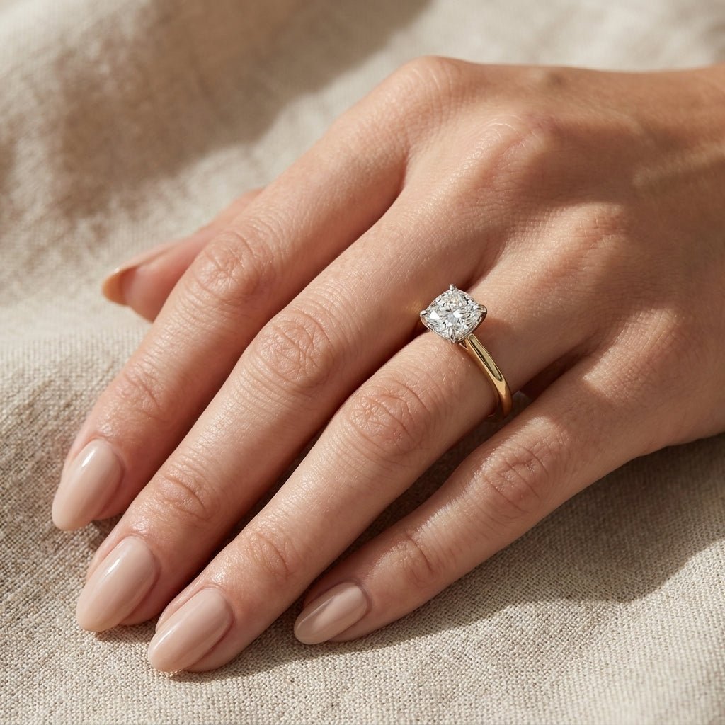 RM12841-350C-LD Cushion solitaire engagement ring hand-model