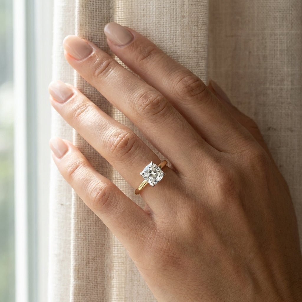 RM12843-400C-LD Cushion solitaire engagement ring hand-model