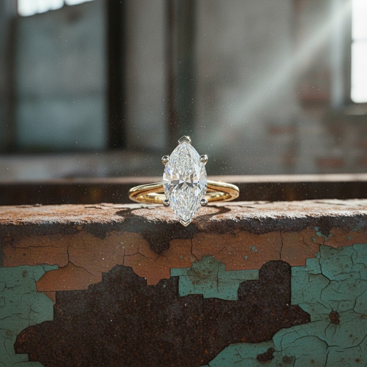 Aydins 4 Carat Marquise Lab Grown Diamond Engagement Ring | 14K Two-Tone Gold lifestyle scene, warehouse rust