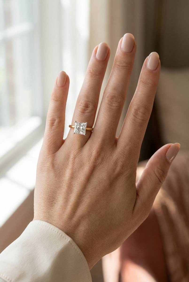 4 carat princess lab grown diamond engagement ring - full hand scale