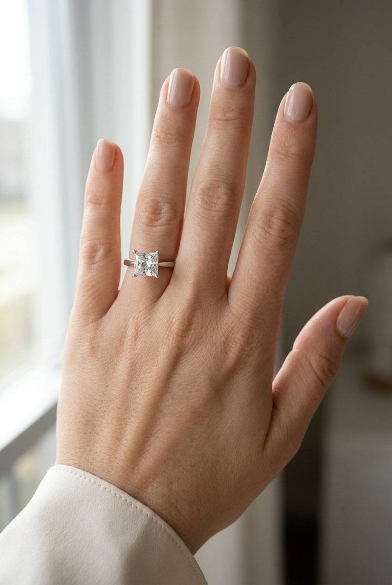 4 carat princess lab grown diamond engagement ring - full hand scale