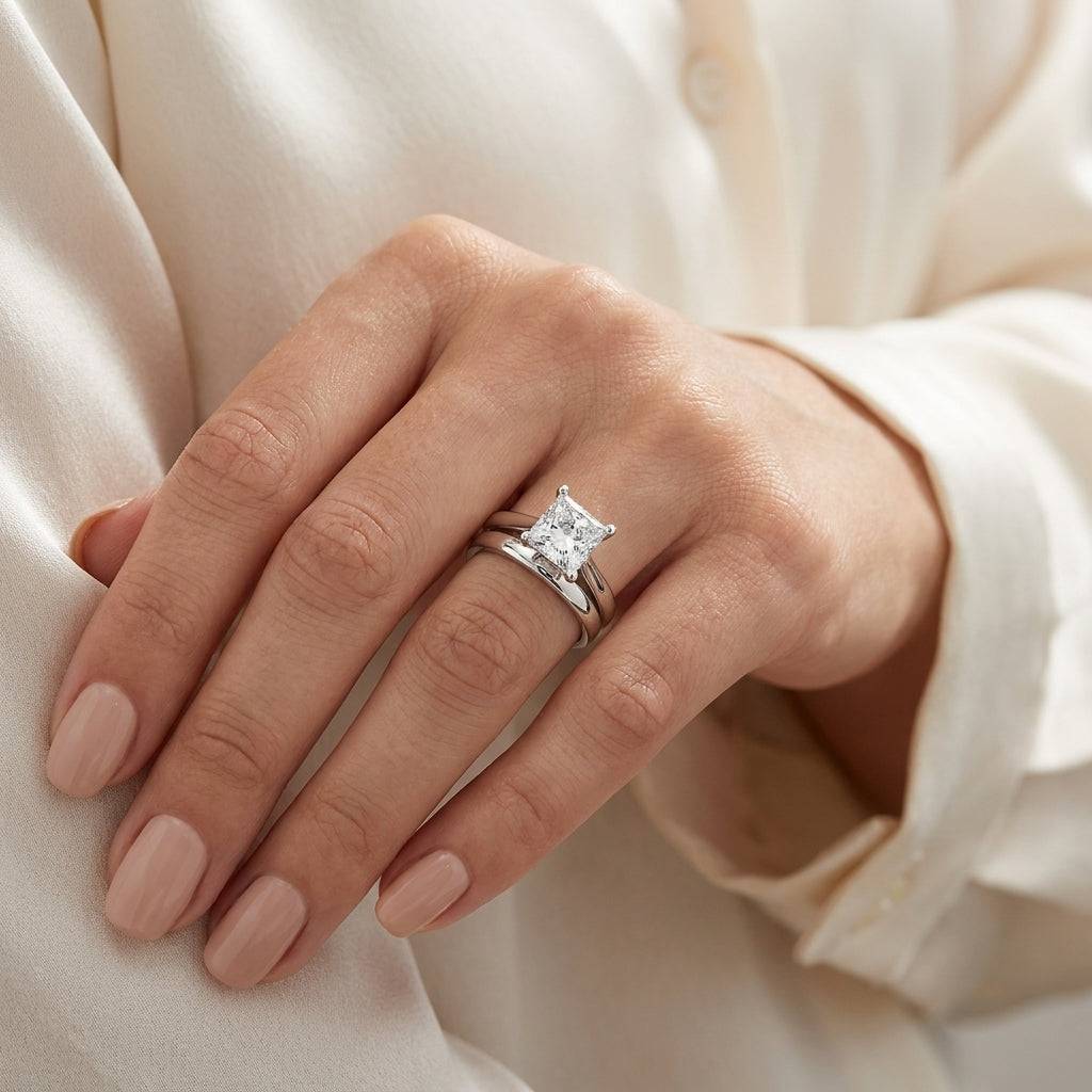 4 carat princess lab grown diamond engagement ring - bridal stack