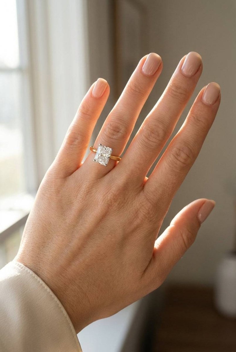 4 carat radiant lab grown diamond engagement ring - full hand scale