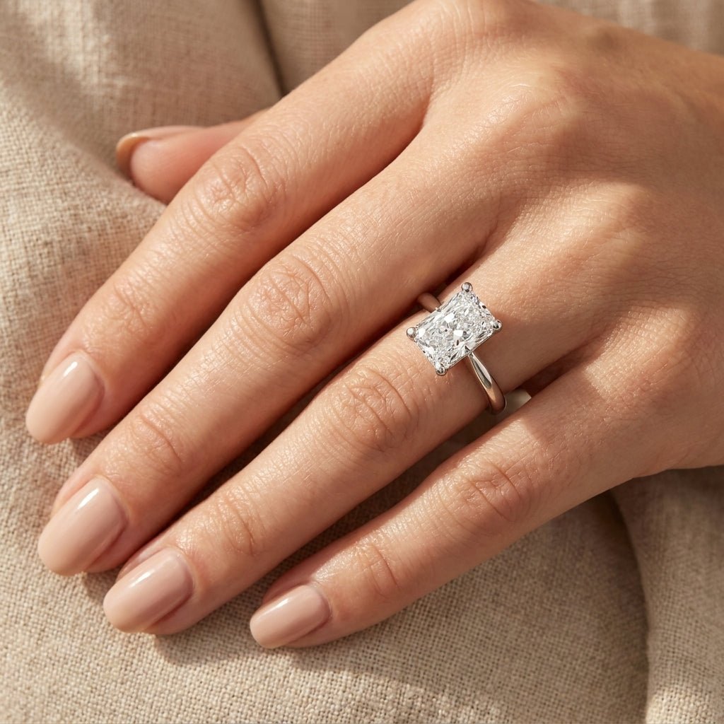 RM12577C-WLD Radiant solitaire engagement ring hand-model