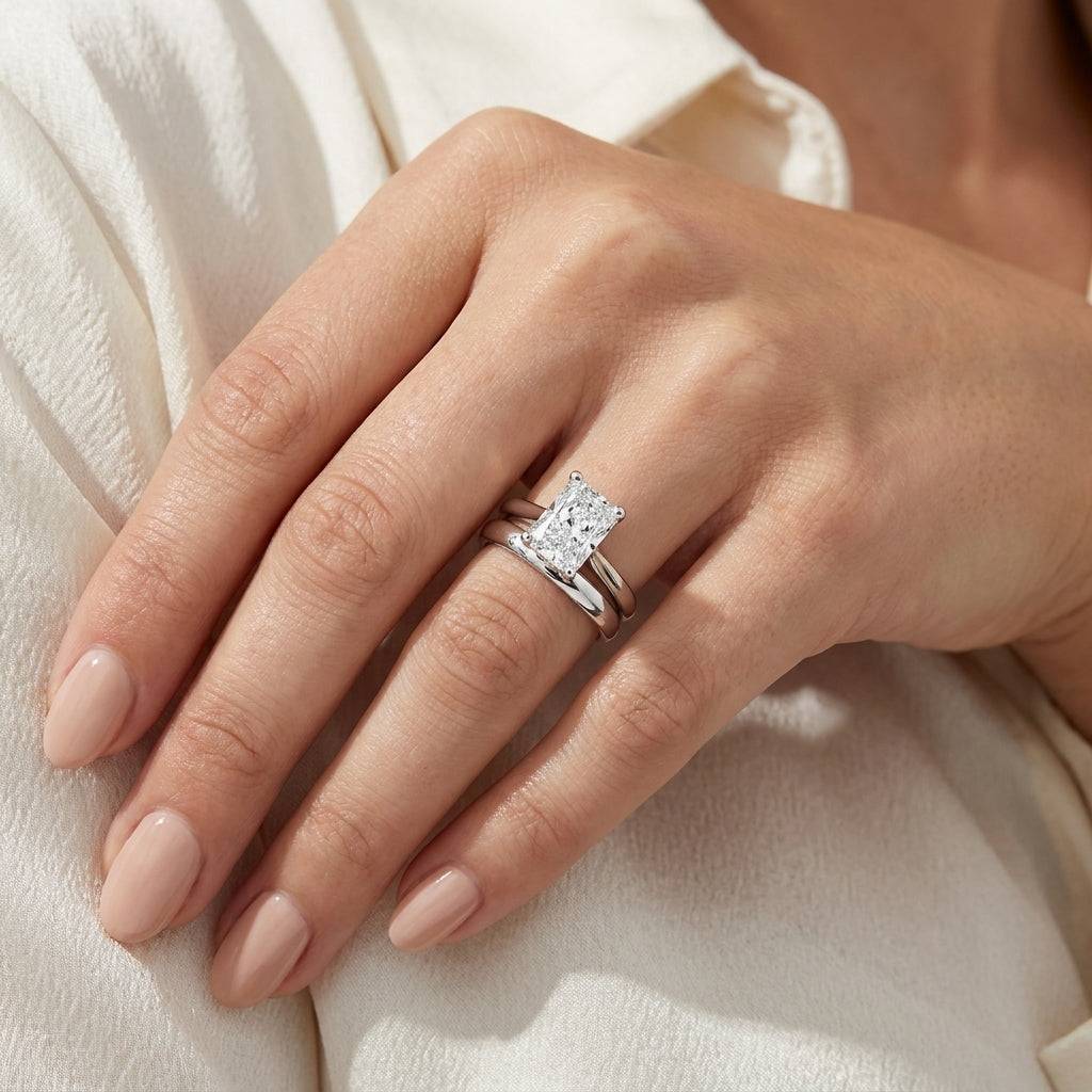 4 carat radiant lab grown diamond engagement ring - bridal stack