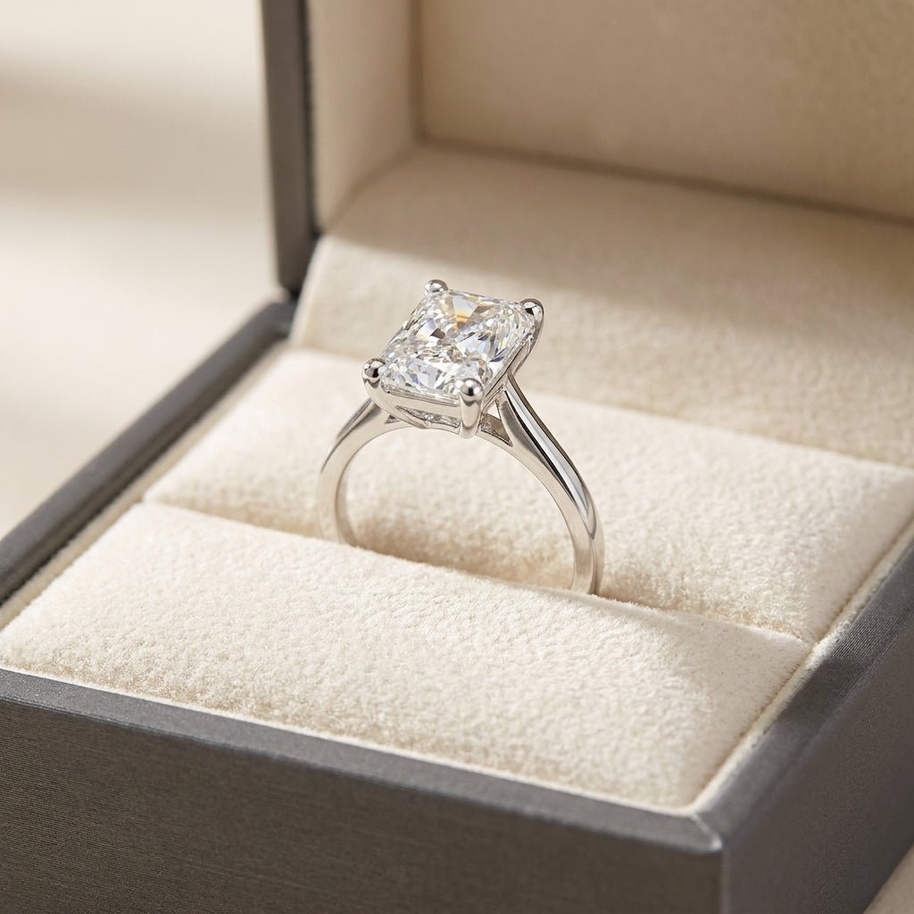 RM12577C-WLD radiant engagement ring in presentation box