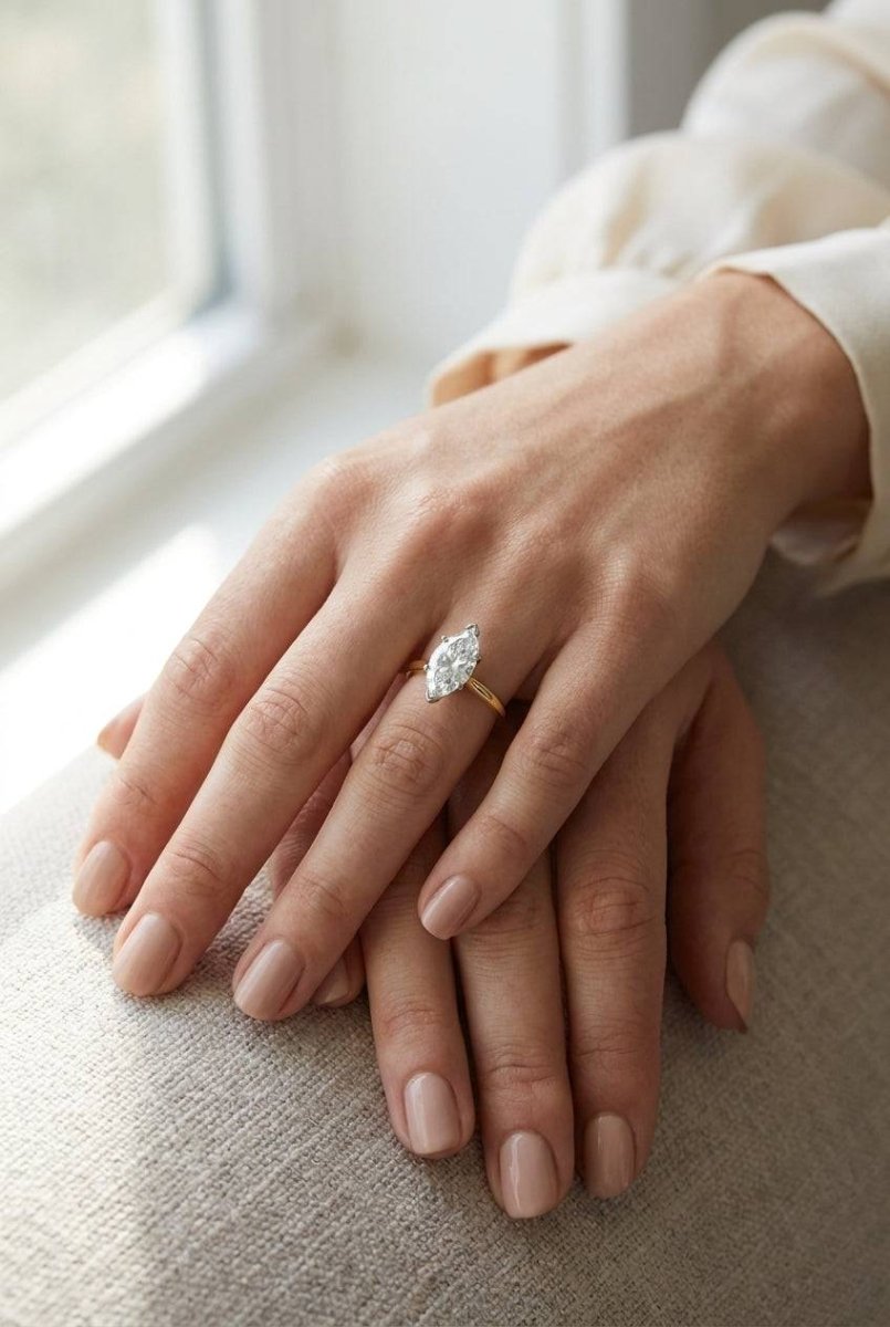 5 carat marquise lab grown diamond engagement ring - full hand scale