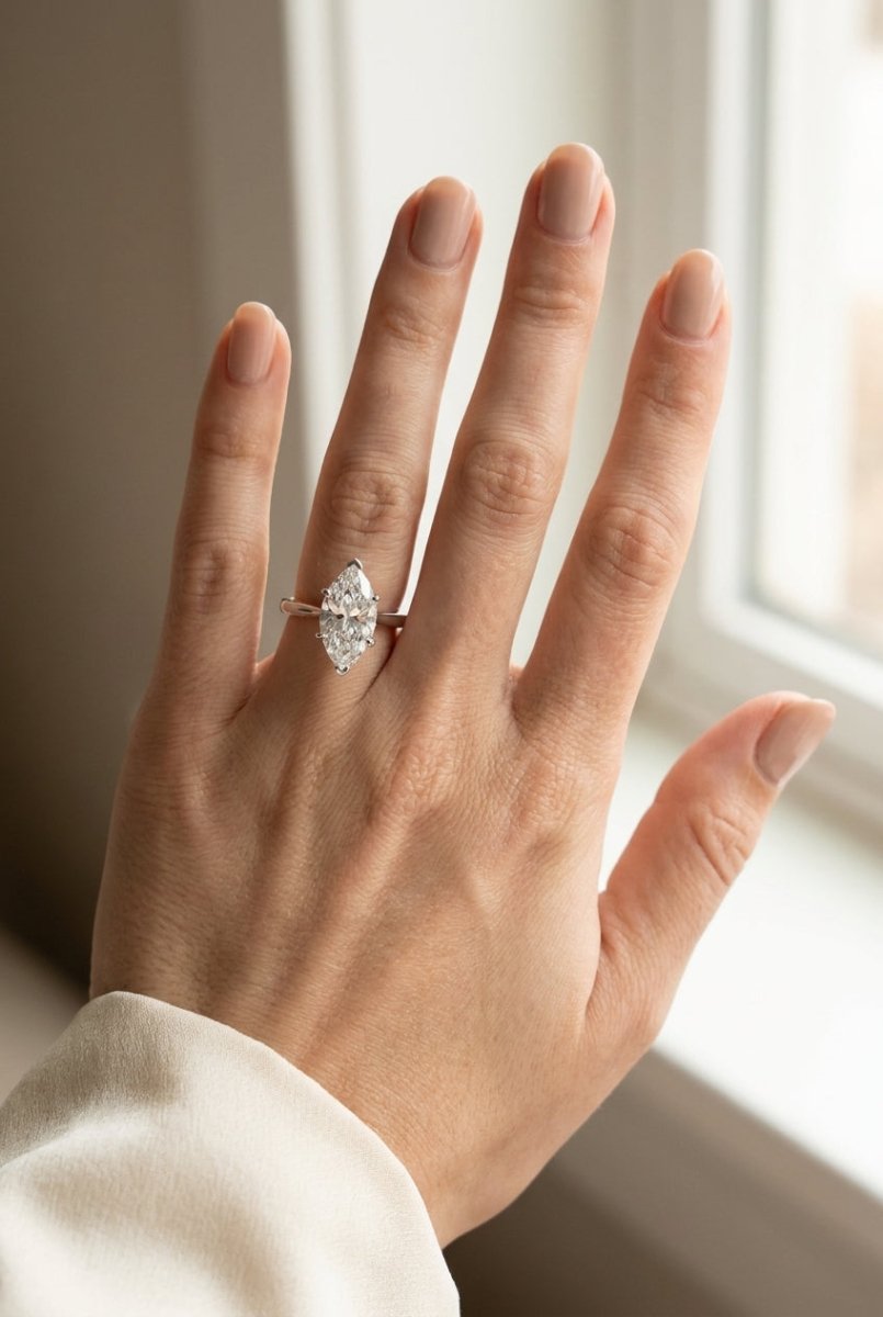 5 carat marquise lab grown diamond engagement ring - full hand scale