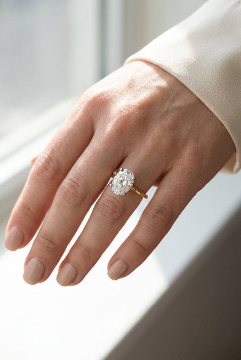 5 carat oval lab grown diamond engagement ring - full hand scale