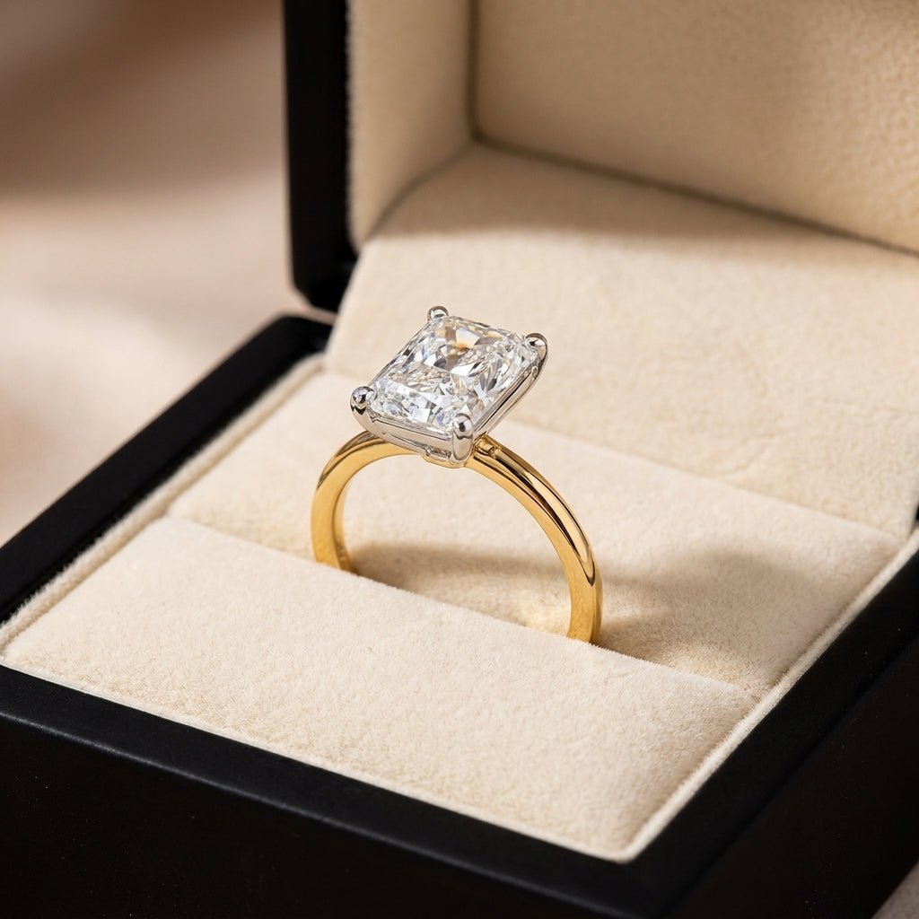 RM12613C-LD radiant engagement ring in presentation box