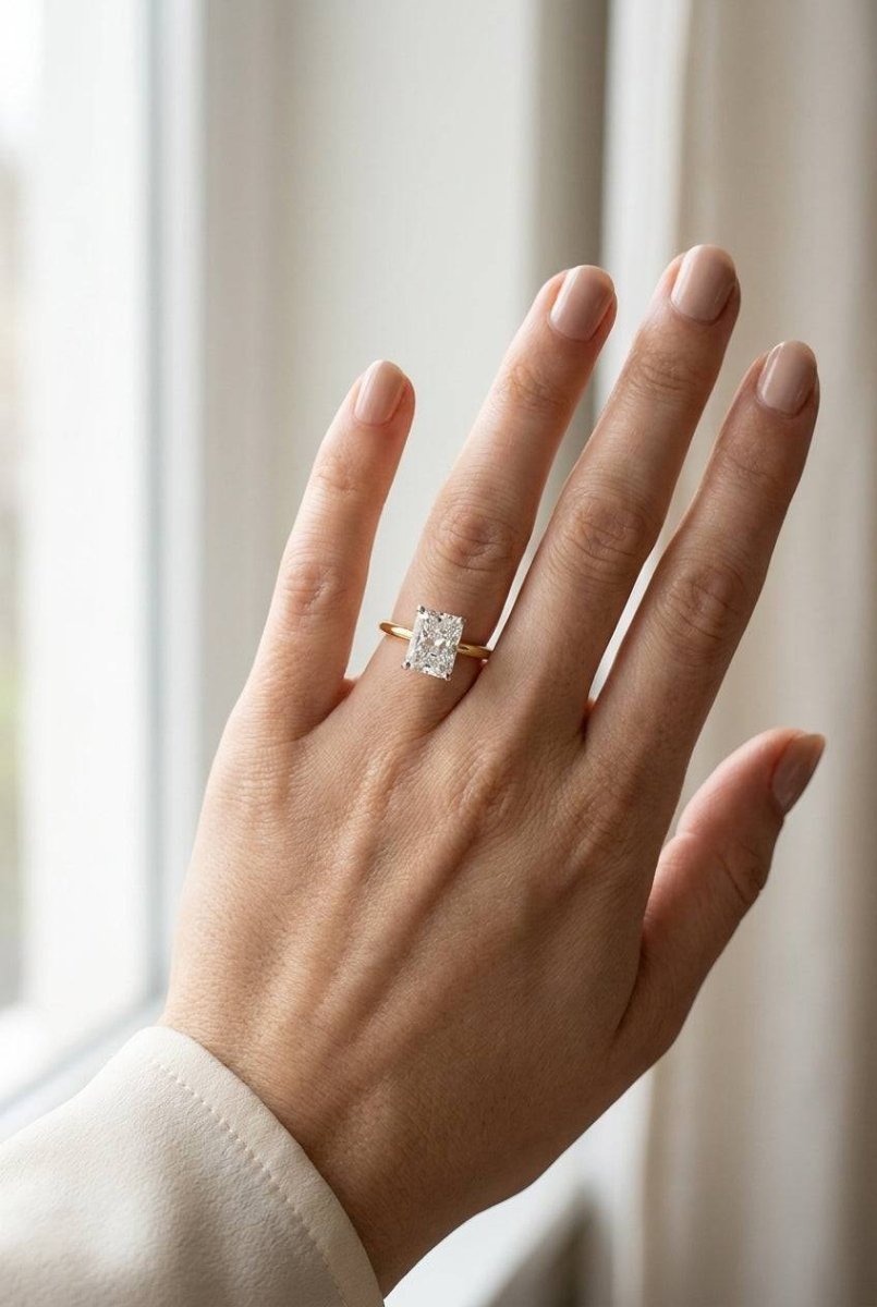 5 carat radiant lab grown diamond engagement ring - full hand scale