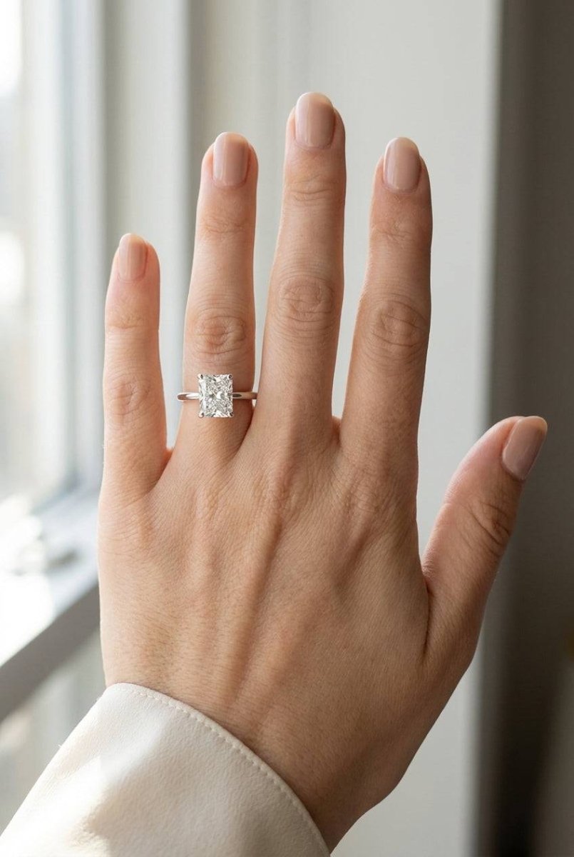 5 carat radiant lab grown diamond engagement ring - full hand scale