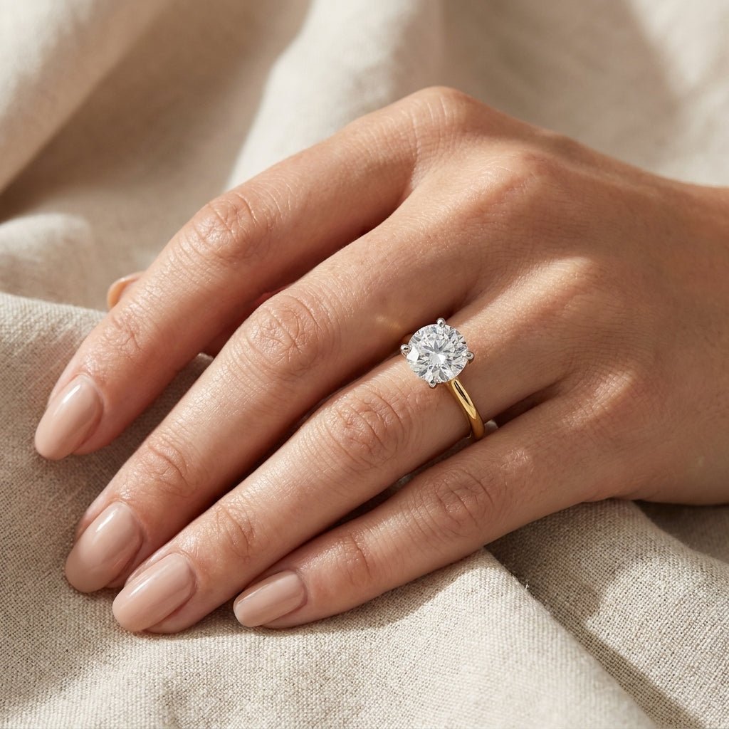 5 carat round lab grown diamond engagement ring - hand model