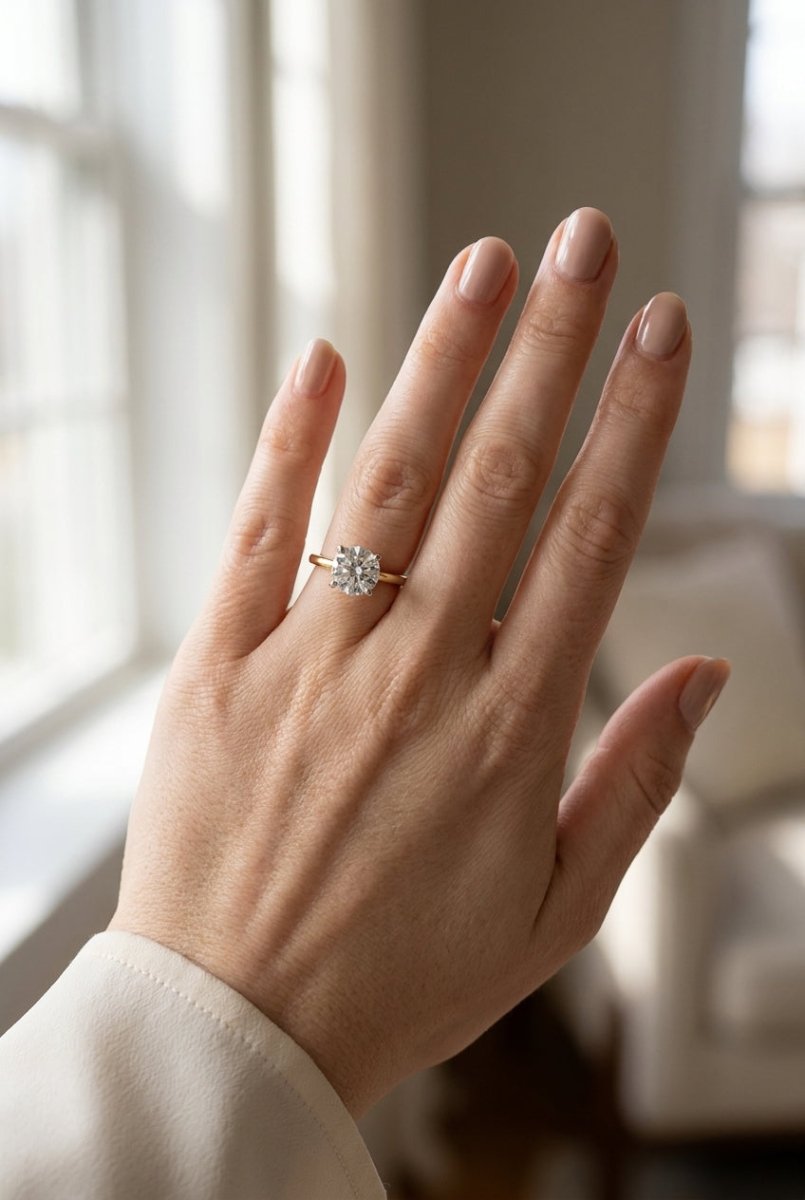 5 carat round lab grown diamond engagement ring - full hand scale
