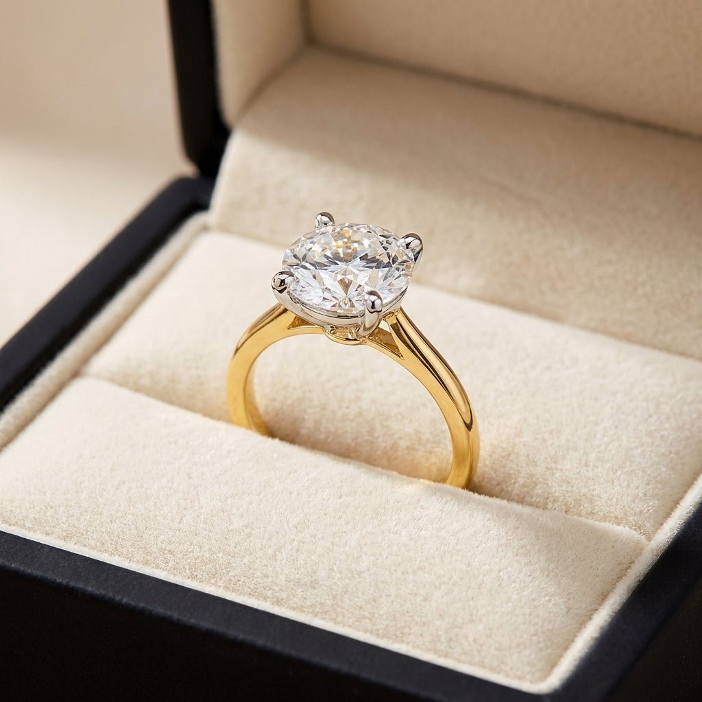 RM12598C-LD round engagement ring in presentation box