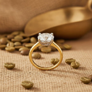 Aydins 5 Carat Round Lab Grown Diamond Engagement Ring | 14K Two-Tone Gold lifestyle scene, coffee roaster