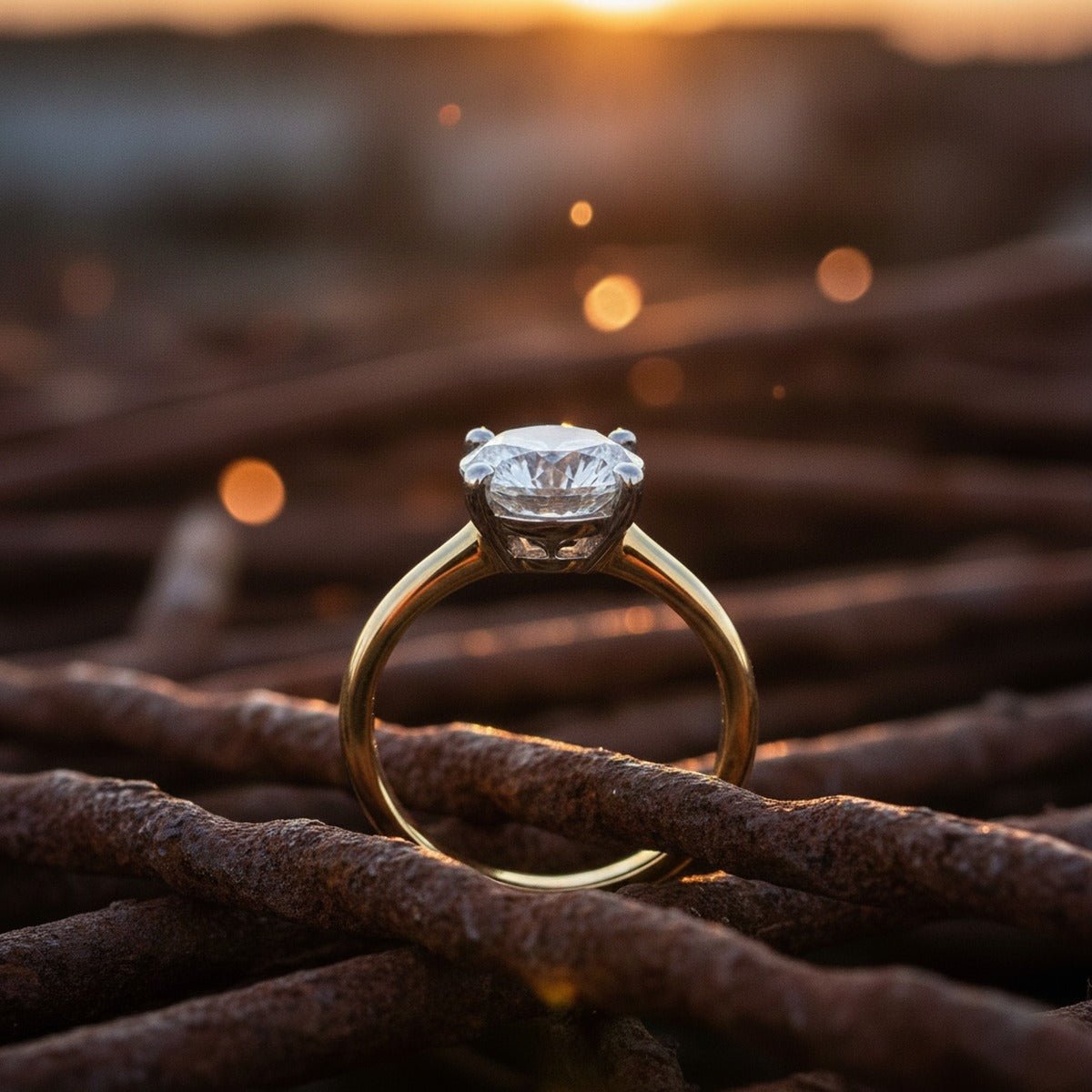 Aydins 5 Carat Round Lab Grown Diamond Engagement Ring | 14K Two-Tone Gold lifestyle scene, junkyard steel
