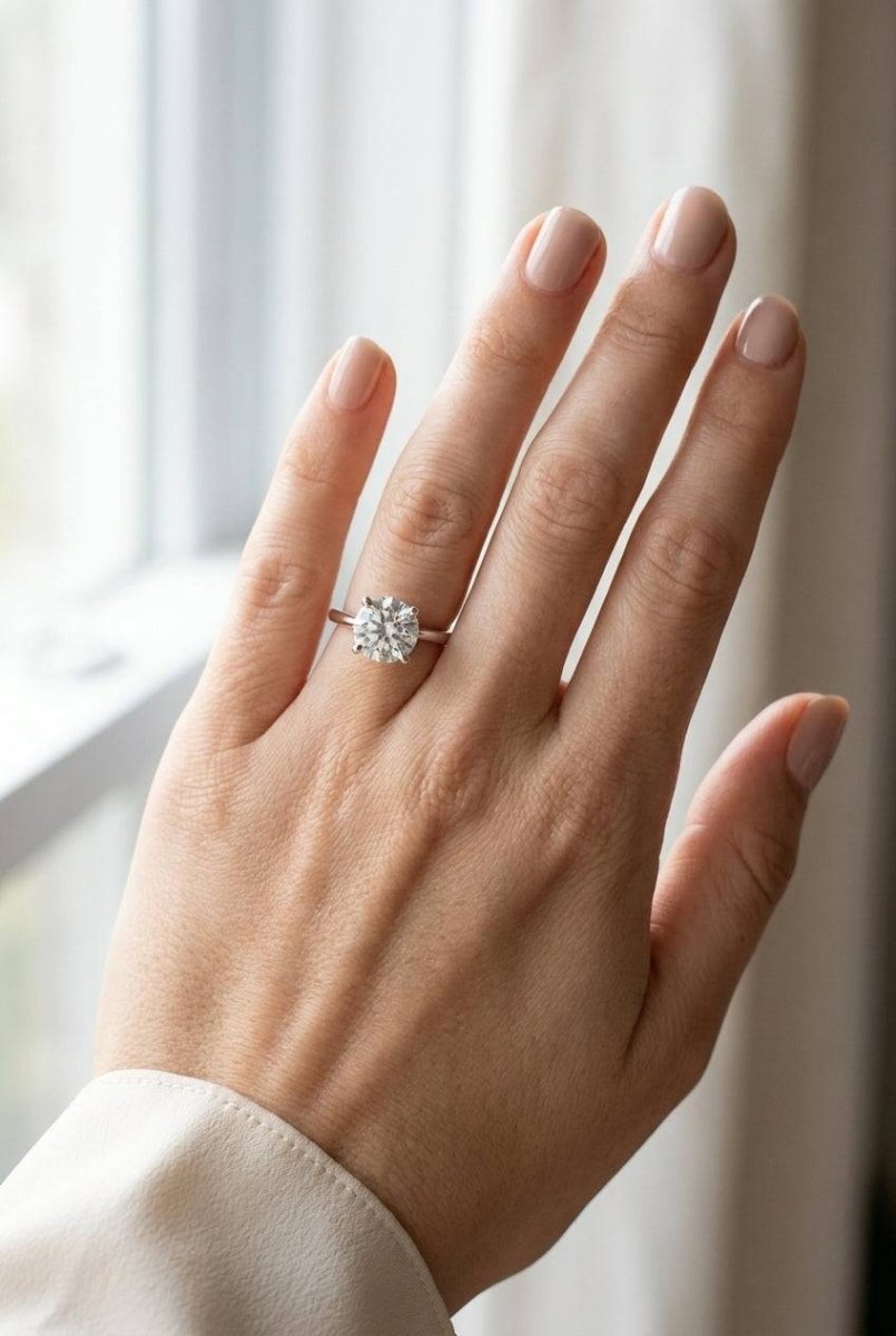 5 carat round lab grown diamond engagement ring - full hand scale