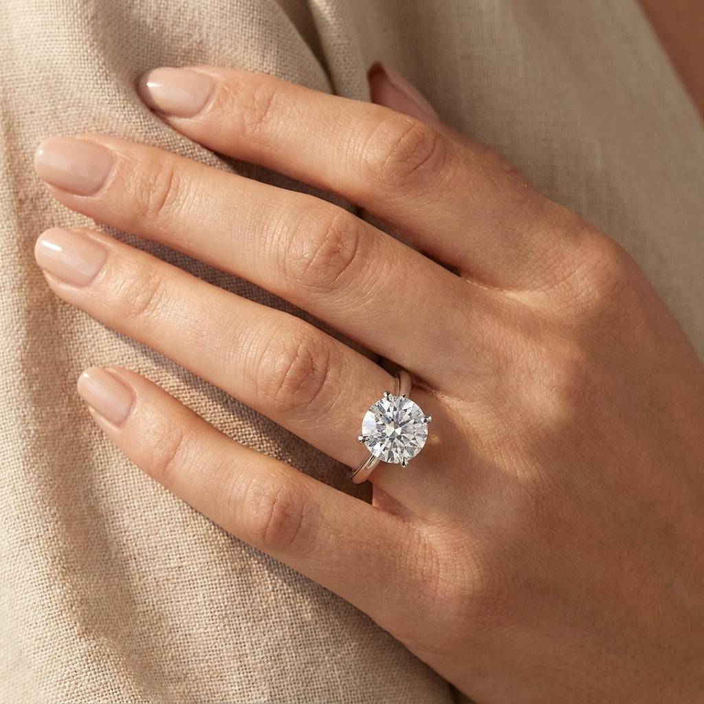 5 carat round lab grown diamond engagement ring - hand model