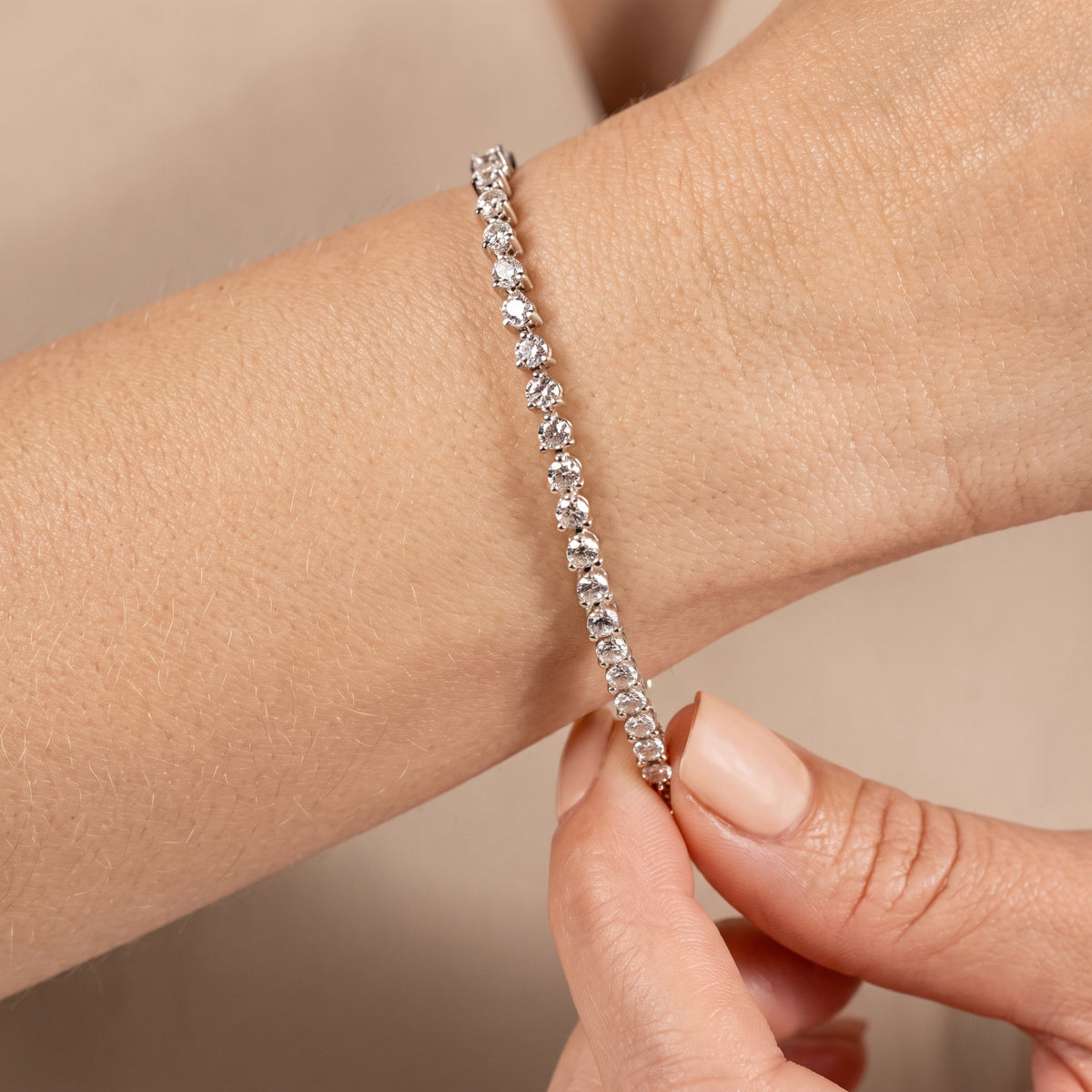 Classic Three Prong Tennis Bracelet, 925 silver diamond bracelet worn on wrist lifestyle photo