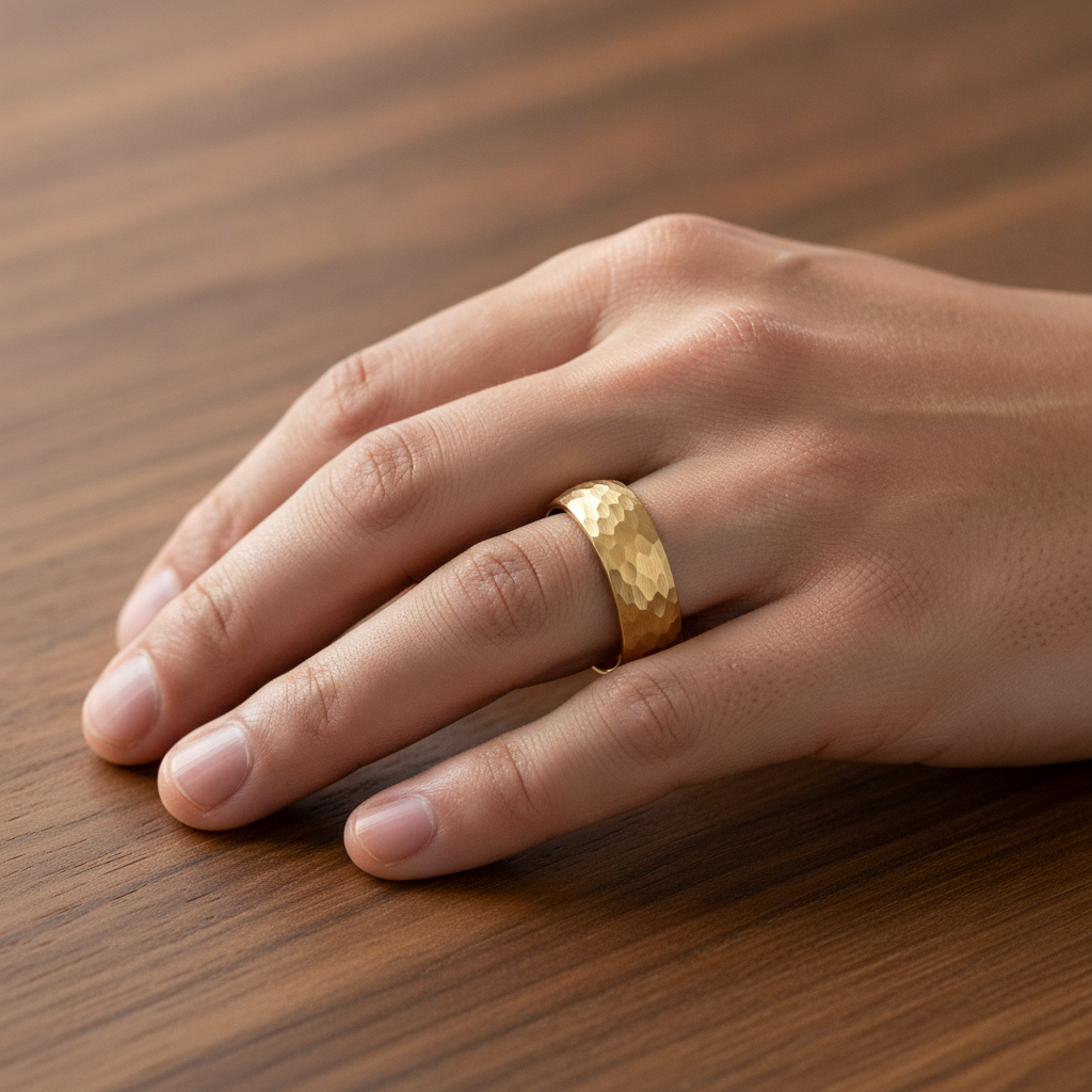 GILDUR gold-plated tungsten wedding band with domed hammered finish worn on man's hand resting on walnut table, lifestyle photo