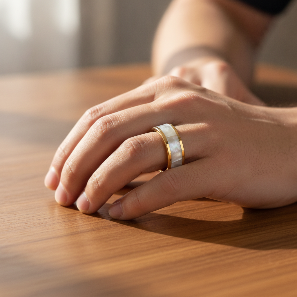GRACE gold-plated tungsten wedding band with real white abalone shell inlay worn on man's hand resting on walnut table, lifestyle photo