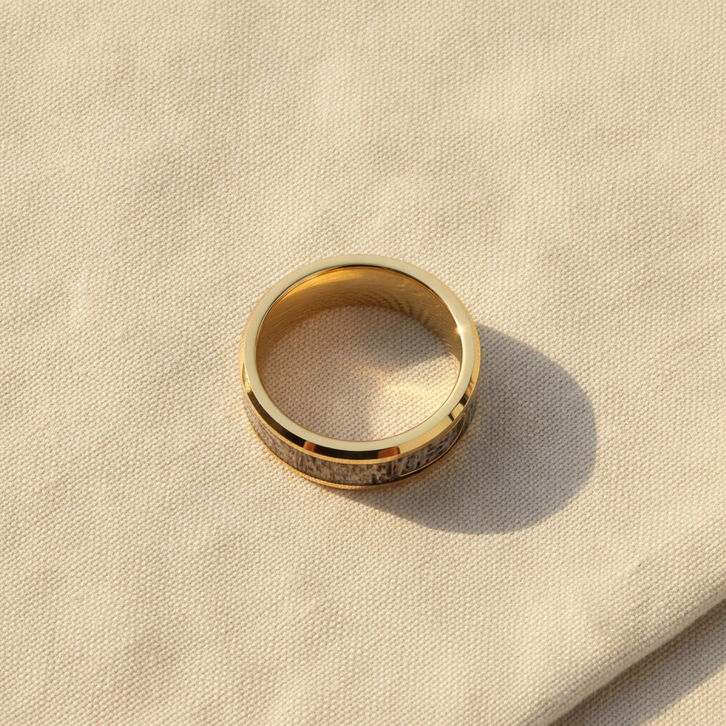 JAEGER gold-plated tungsten wedding band with real deer antler and fishhook inlay macro detail overhead flat lay