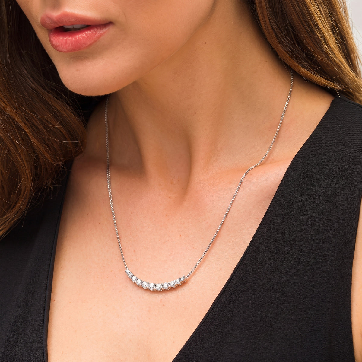 Graduated Diamond Necklace With Chain, 925 silver diamond necklace worn on neck lifestyle photo