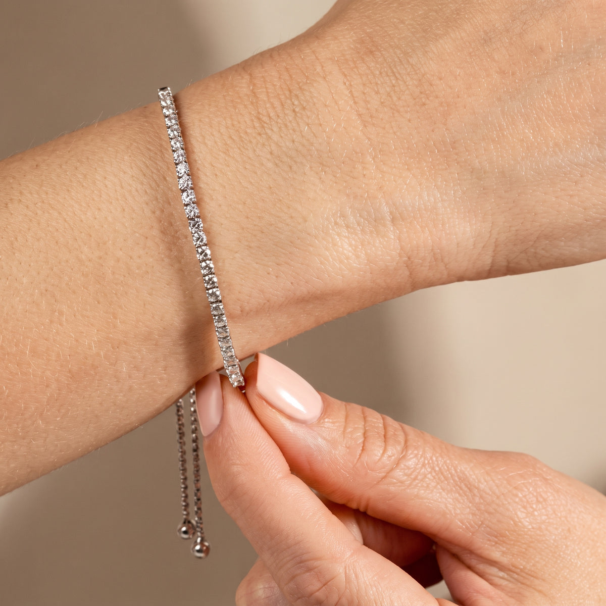 Adjustable Bolo Bracelet, 925 silver diamond bracelet worn on wrist lifestyle photo
