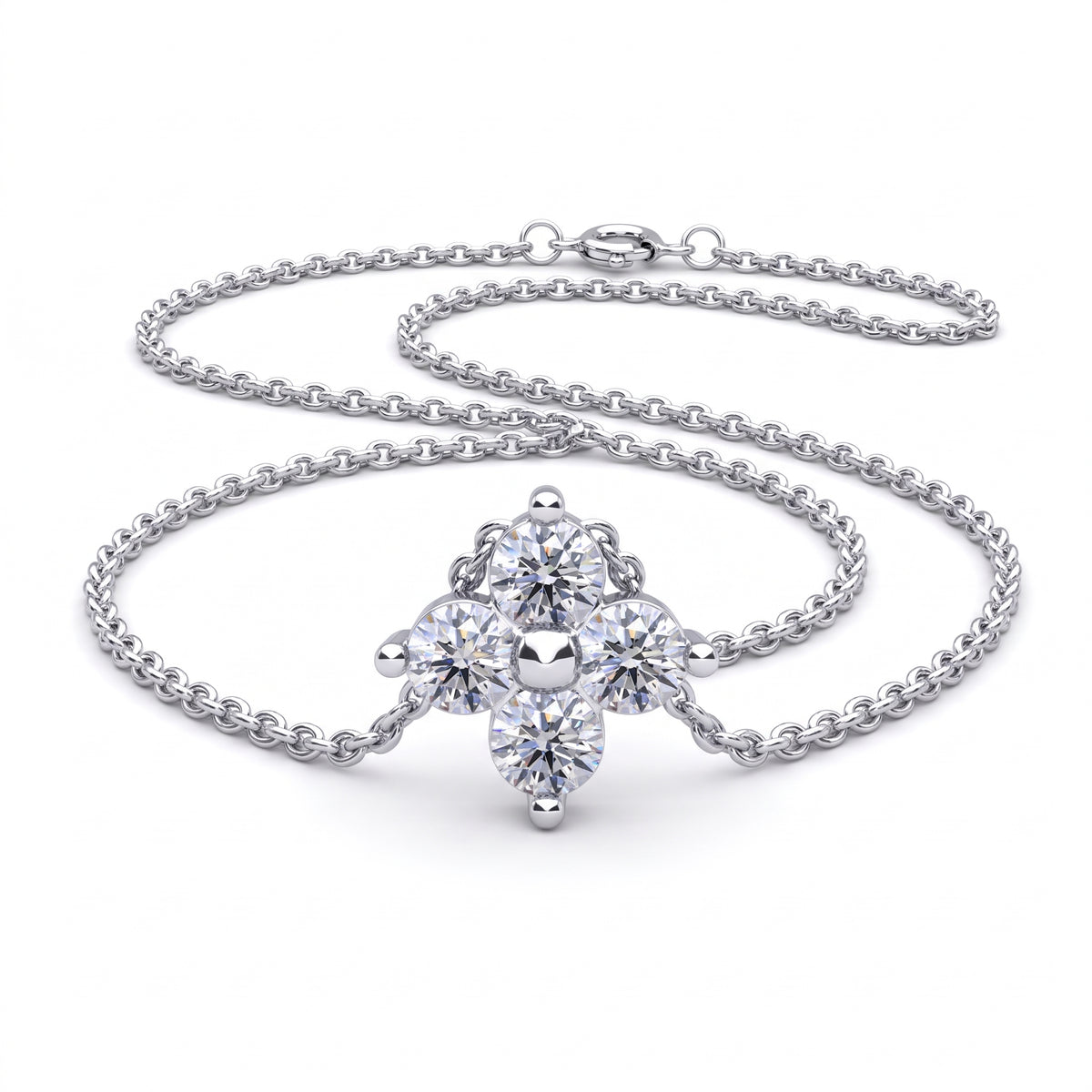 Four Stone Round Diamond Pendant With Chain, 925 silver pendant studio hero photo on white, lab grown diamonds D color VVS