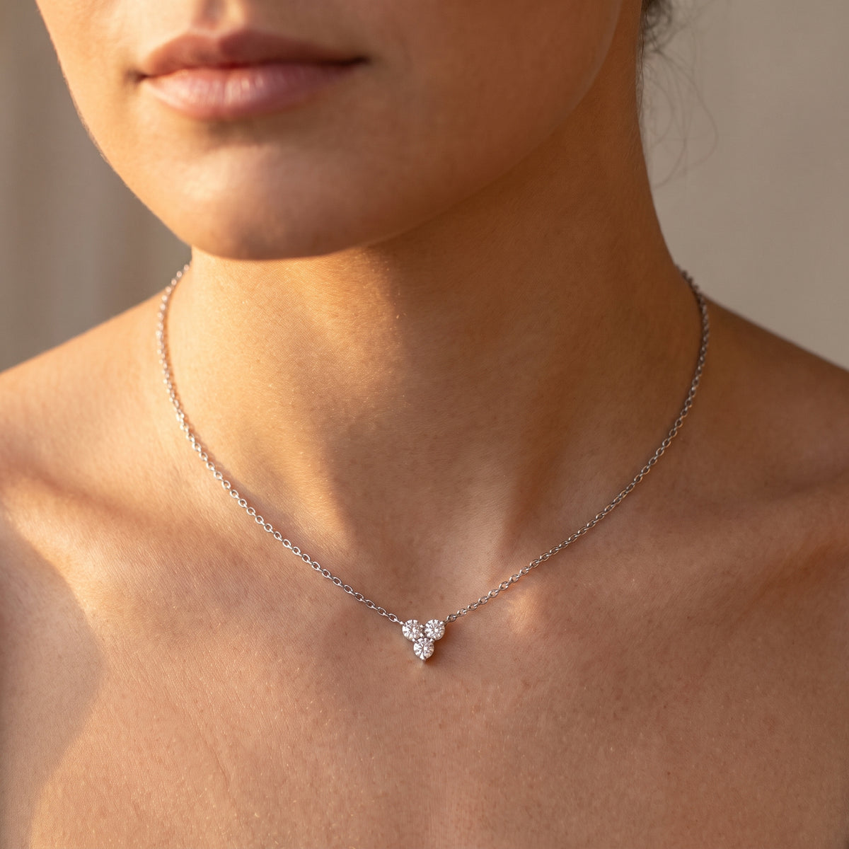 Three Stone Round Diamond Pendant With Chain, 925 silver diamond pendant worn on neck lifestyle photo