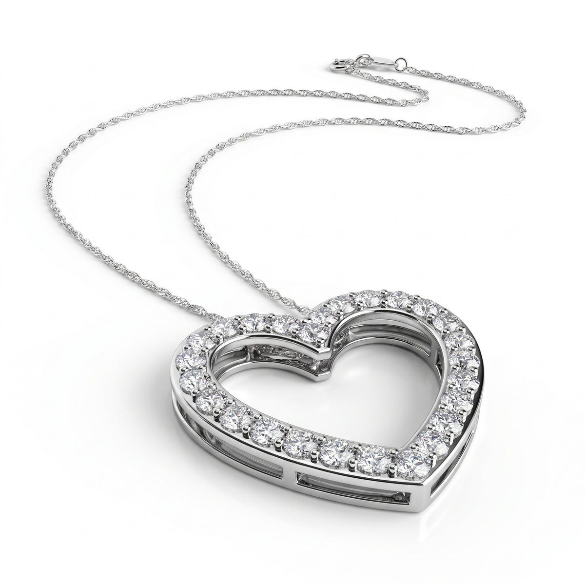 Diamond Heart Pendant With Chain, 925 silver pendant studio hero photo on white, lab grown diamonds D color VVS