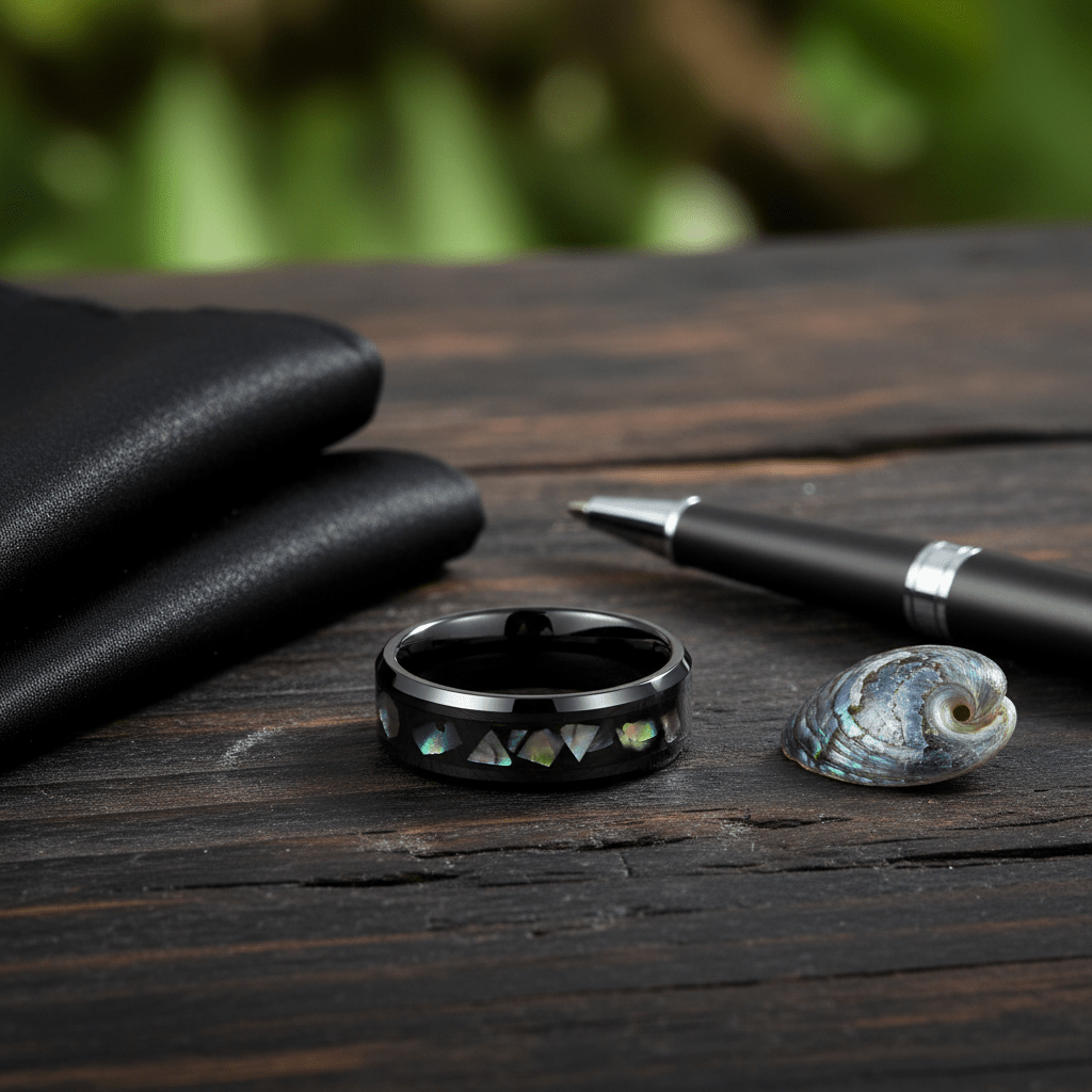 ABALONX — Editorial masculine still life — men's tungsten wedding ring.