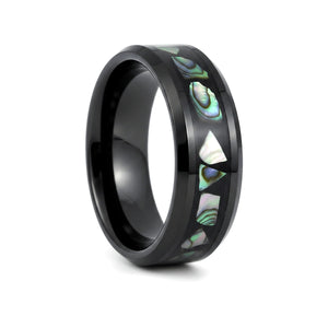 ABALONX black tungsten wedding ring with black resin and abalone shell inlay - front view