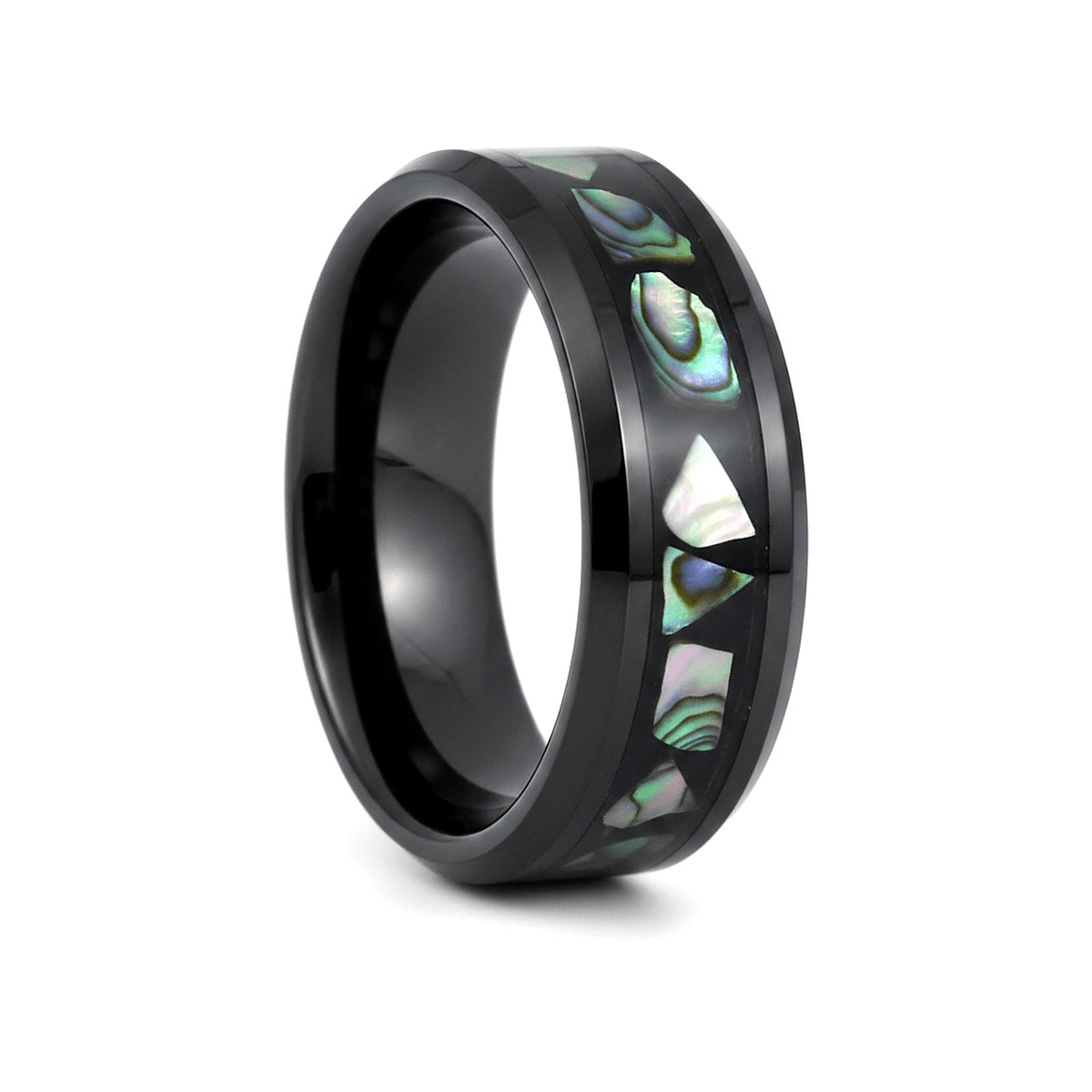 ABALONX black tungsten wedding ring with black resin and abalone shell inlay - front view