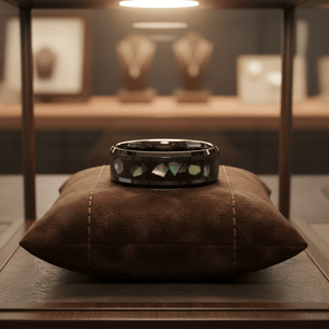 ABALONX — Premium boutique display on velvet — men's tungsten wedding ring.