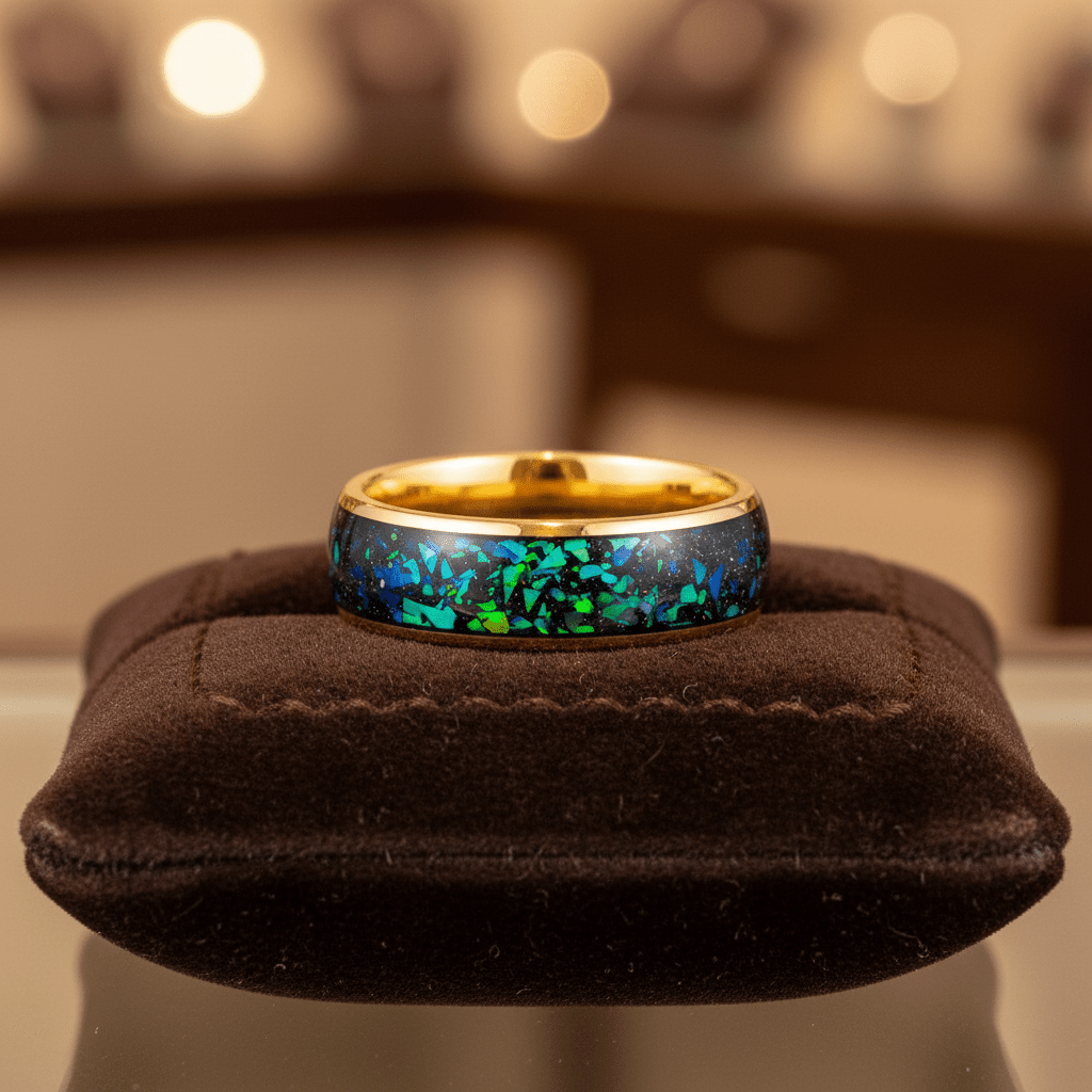 ABALUX — Premium boutique display on velvet — men's tungsten wedding ring.