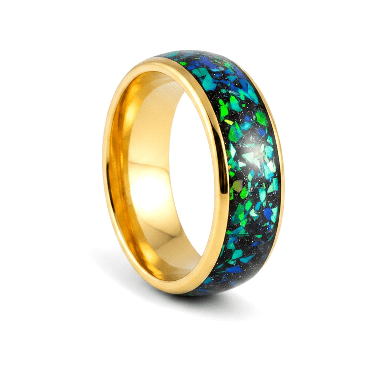ABALUX yellow gold tungsten wedding ring with abalone and green opal inlay - front view
