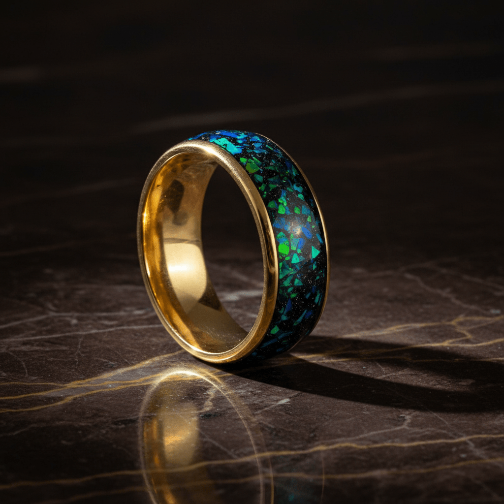 ABALUX — Luxury 3/4 angle on dark marble — men's tungsten wedding ring.