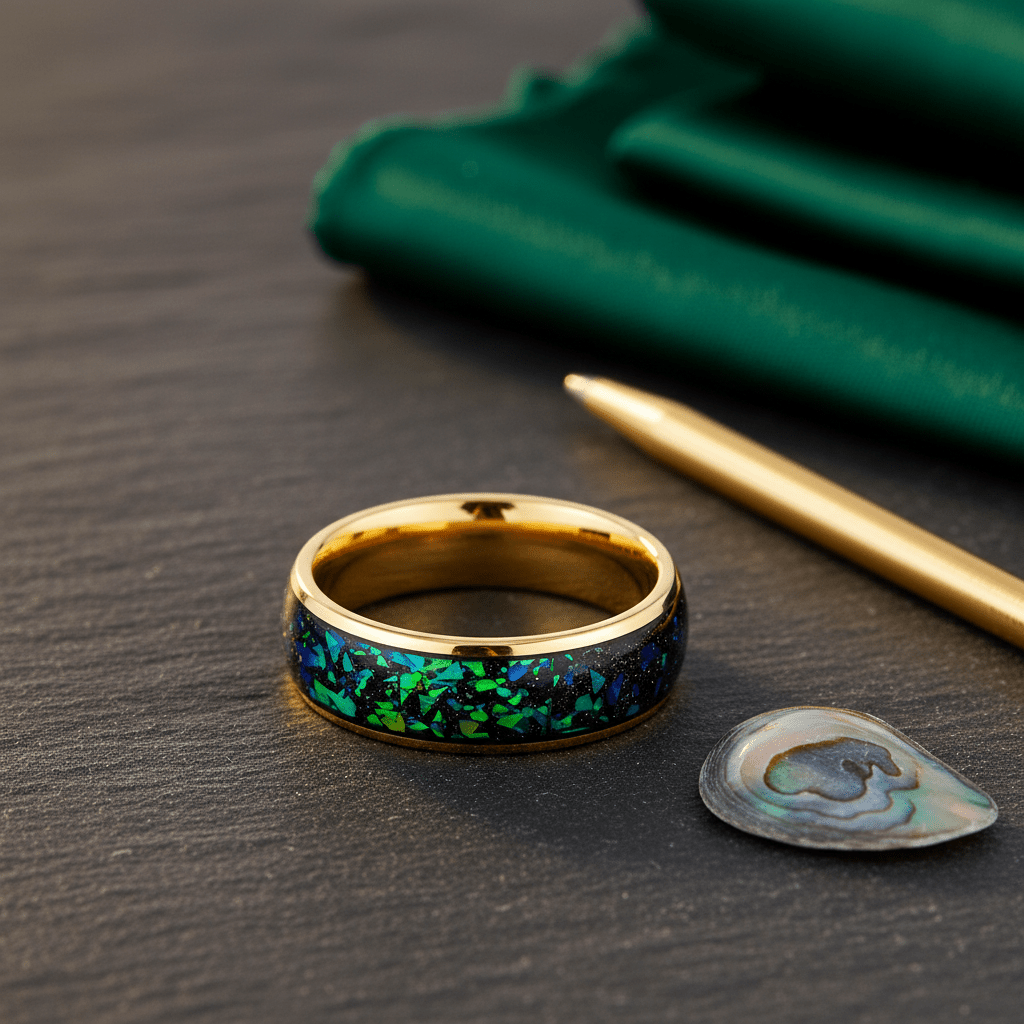 ABALUX — Editorial masculine still life — men's tungsten wedding ring.