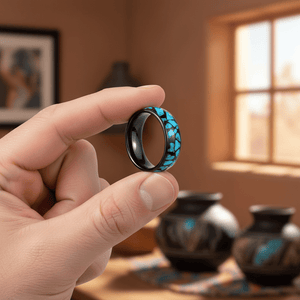 ADONIS — Held between fingers close-up — men's tungsten wedding ring.