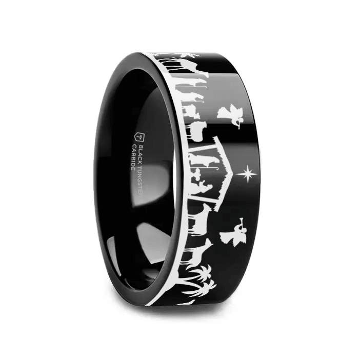 ADVENT black tungsten ring with nativity scene laser-engraved around the band – Aydins Jewelry