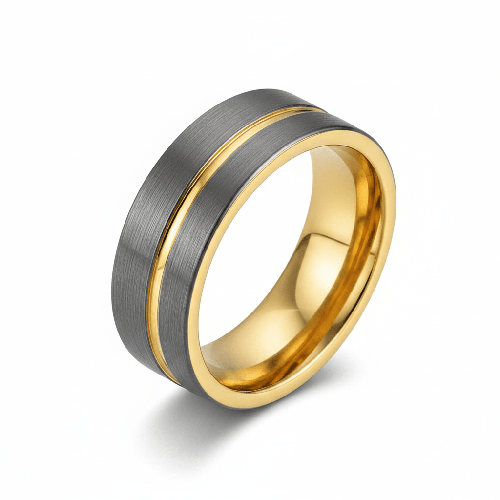 AFRIDI — Hero product shot — men's tungsten wedding ring.