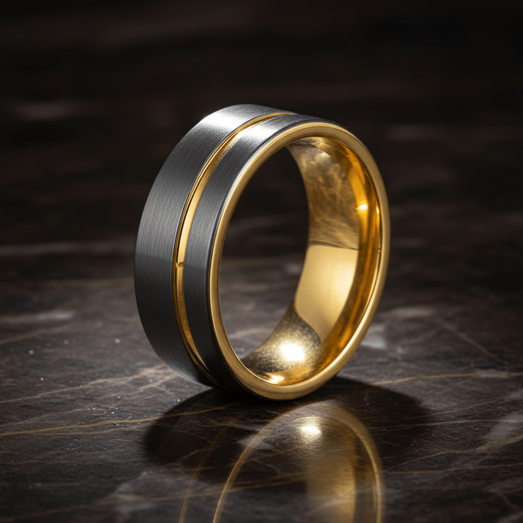 AFRIDI — Luxury 3/4 angle on dark marble — men's tungsten wedding ring.