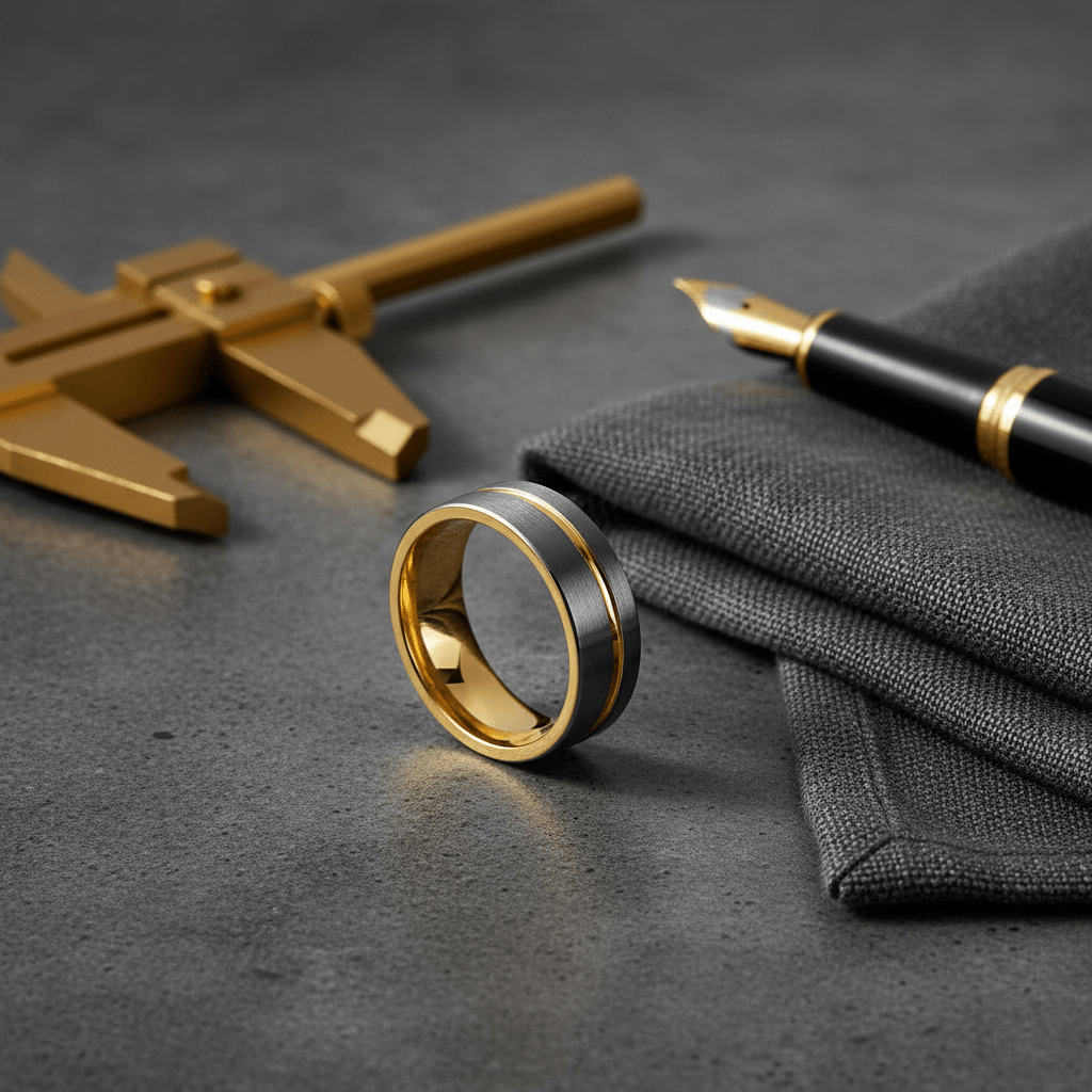 AFRIDI — Editorial masculine still life — men's tungsten wedding ring.